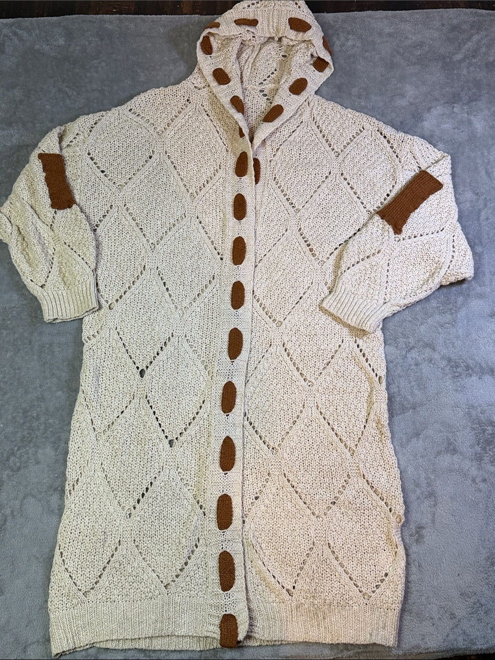 Knit Hooded Openwork Cardigan Sweater - Cream with Brown Accents